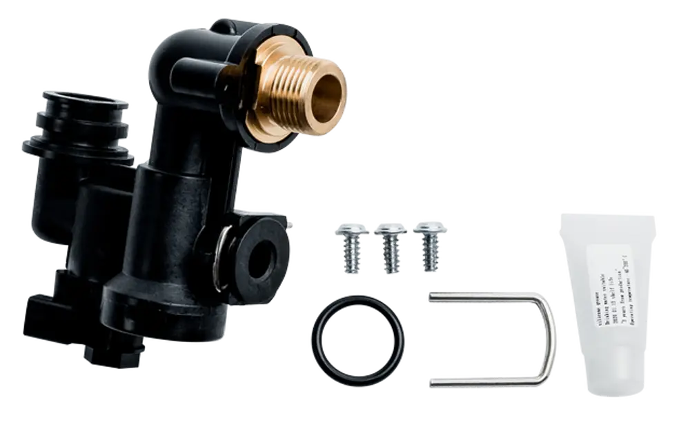 Hydraulikblock von Wolf, gefertigt aus Kunststoff und Metall, zusammen mit Schrauben, Dichtungen und einem Röhrchen mit enthaltenem Material.